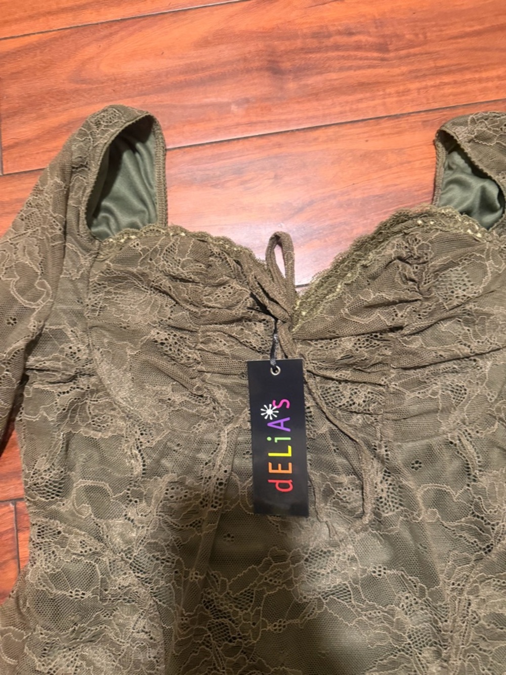 dELiA*s Olive Green Lace Long-Sleeve Sweetheart Mini Dress - Picture 8 of 11